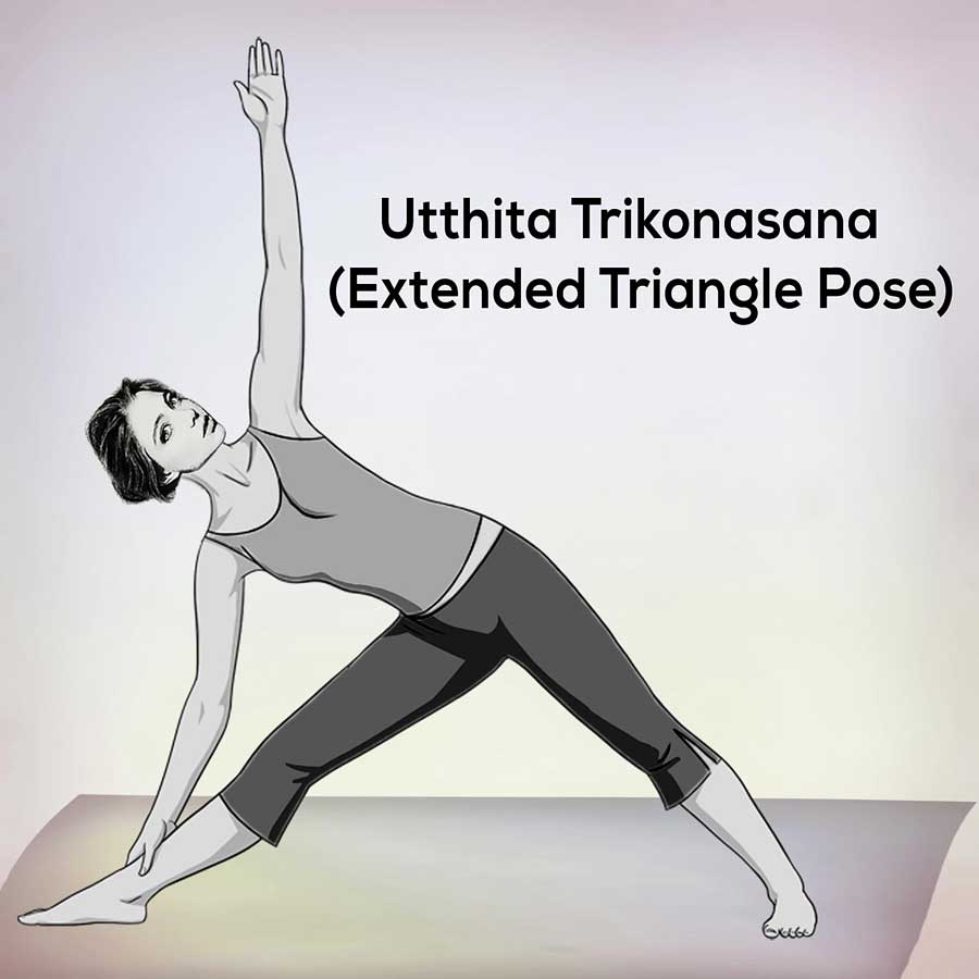 A woman doing utthita trikonasana, it is also called extended triangle.