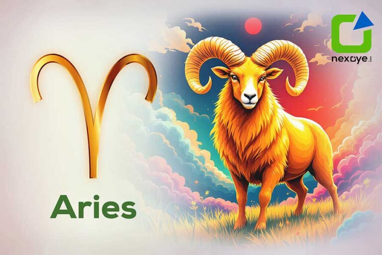 Aries zodiac sign illustration with a bold ram, vibrant clouds, and red sun symbolizing energy, courage, and leadership.