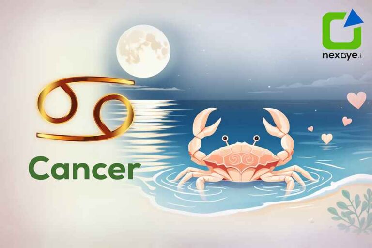 Cancer zodiac sign illustration with a crab on the beach, moonlit night sky, and traits like caring and emotional.