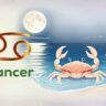 Cancer zodiac sign illustration with a crab on the beach, moonlit night sky, and traits like caring and emotional.