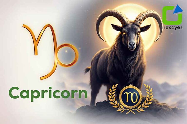 Capricorn zodiac sign with goat symbol, golden emblem, and mystical background.