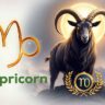 Capricorn zodiac sign with goat symbol, golden emblem, and mystical background.