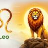 Leo zodiac sign with a lion on a rock, sunlit background, and traits like confident, loyal, and ambitious.