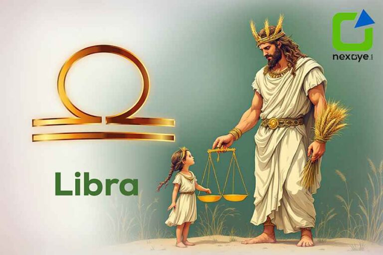 Libra zodiac symbol with a robed man holding scales and wheat next to a young girl.