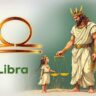 Libra zodiac symbol with a robed man holding scales and wheat next to a young girl.