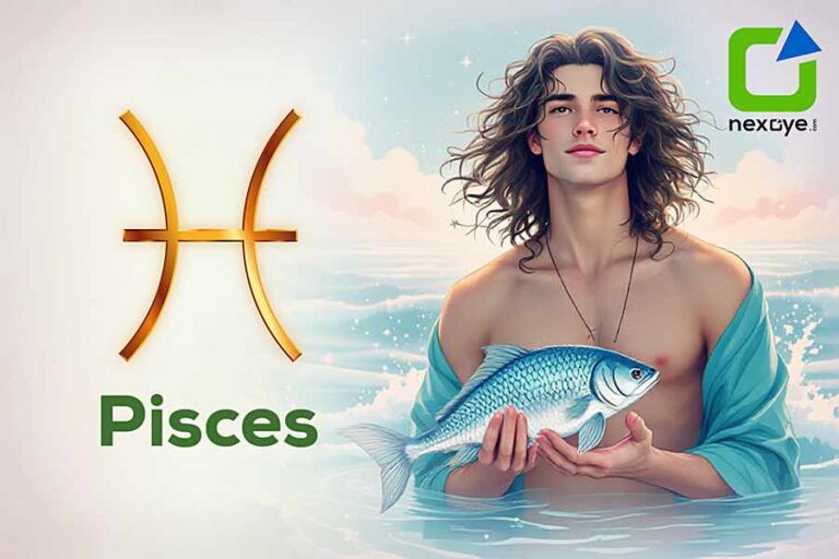 Pisces zodiac symbol with a serene man holding a fish by the sea.