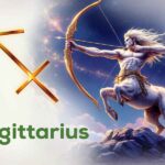 Dynamic Sagittarius zodiac illustration featuring a centaur archer aiming his bow under a cosmic sky.