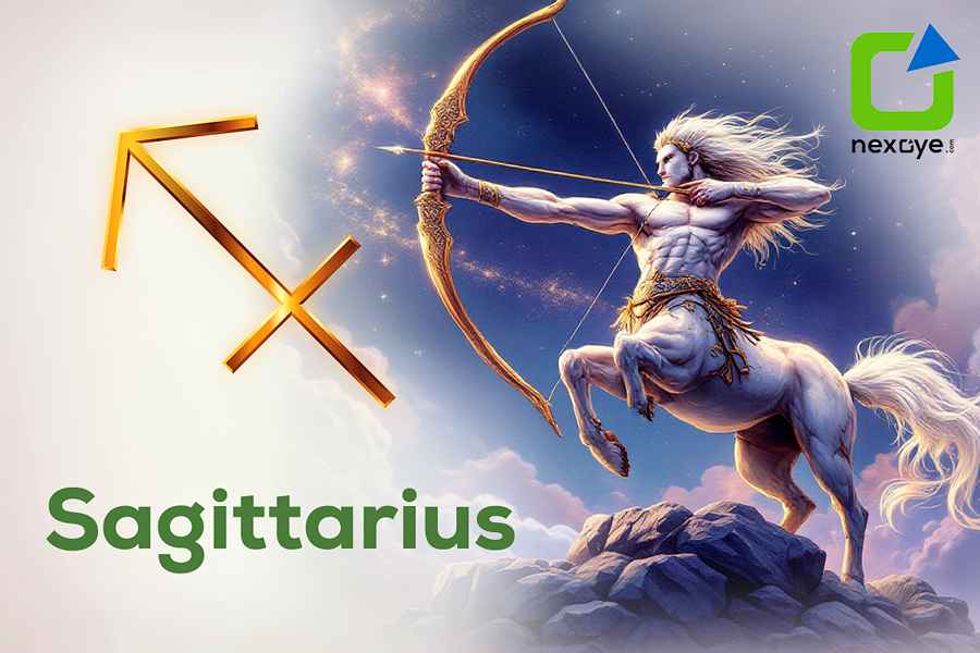 Dynamic Sagittarius zodiac illustration featuring a centaur archer aiming his bow under a cosmic sky.