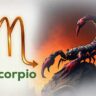 Scorpio zodiac symbol with a fierce scorpion on a rock against a fiery sunset.