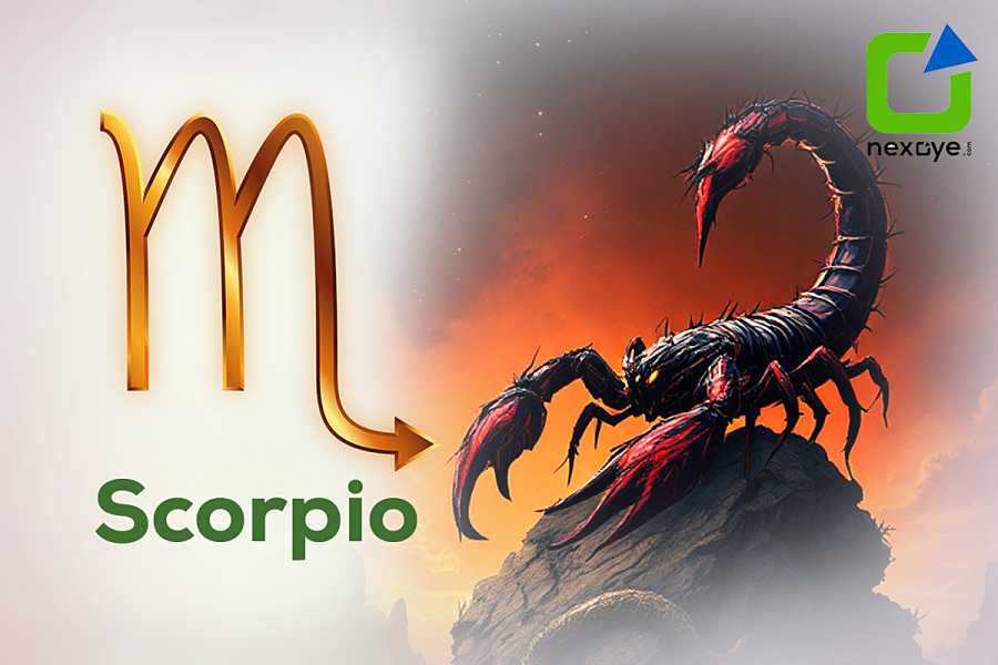 Scorpio zodiac symbol with a fierce scorpion on a rock against a fiery sunset.