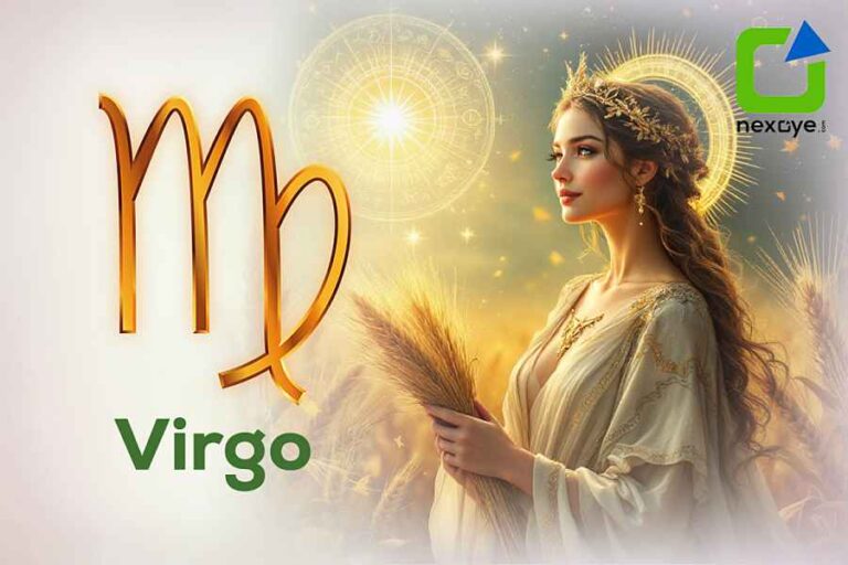 Virgo zodiac signs illustration featuring a celestial maiden with wheat under golden light.