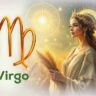 Virgo zodiac signs illustration featuring a celestial maiden with wheat under golden light.