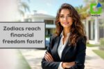 Woman in a suit and tie stands before a house, promoting financial freedom.