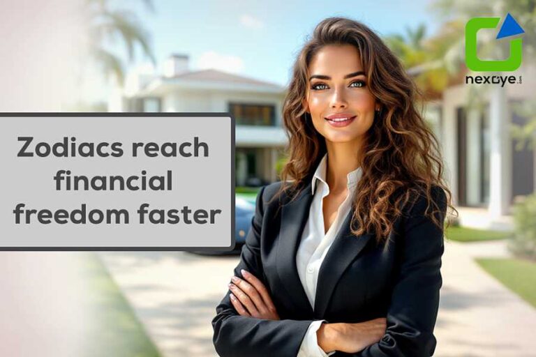 Woman in a suit and tie stands before a house, promoting financial freedom.