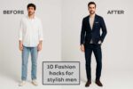 Before and after comparison of a man’s outfit transformation, showcasing casual vs. stylish looks, illustrating the impact of 10 fashion hacks for stylish men.