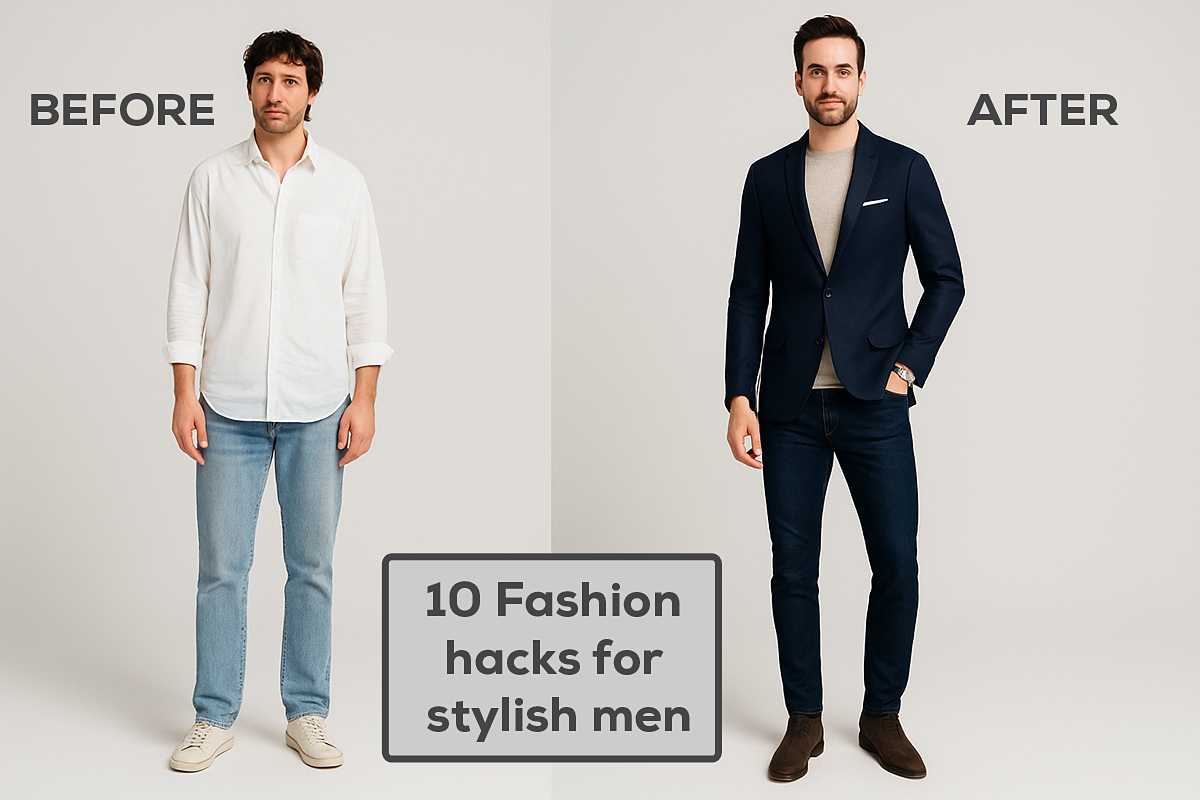Before and after comparison of a man’s outfit transformation, showcasing casual vs. stylish looks, illustrating the impact of 10 fashion hacks for stylish men.