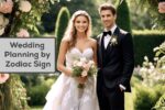 Bride and groom standing beneath zodiac constellations – Wedding Planning by Zodiac Sign theme illustration