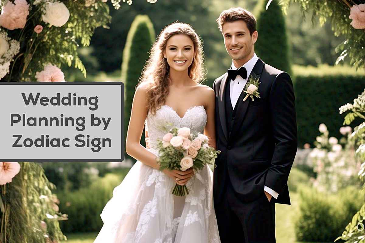 Bride and groom standing beneath zodiac constellations – Wedding Planning by Zodiac Sign theme illustration