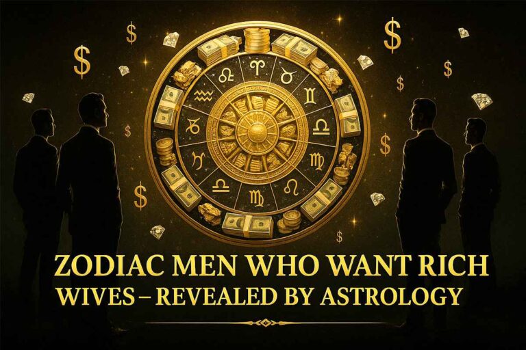 Luxurious golden zodiac wheel surrounded by wealthy symbols and well-dressed male silhouettes, representing zodiac men wanting rich wives.