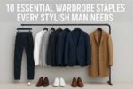 A modern minimalist men’s wardrobe featuring ten essential clothing staples including jeans, blazers, shirts, trench coat, dress shoes, and sneakers neatly displayed on a rack.