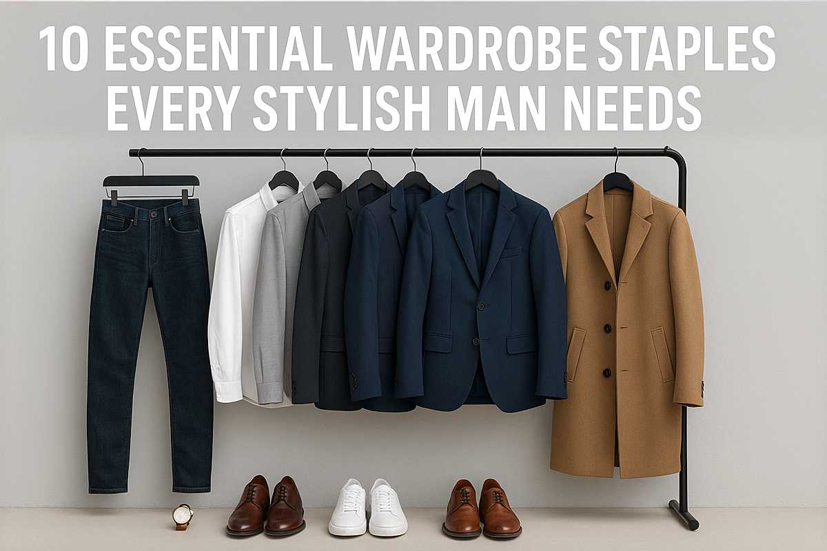A modern minimalist men’s wardrobe featuring ten essential clothing staples including jeans, blazers, shirts, trench coat, dress shoes, and sneakers neatly displayed on a rack.