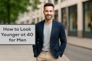 Confident middle-aged man in a smart blazer smiling outdoors in an urban setting – looking stylish and youthful at 40 and beyond