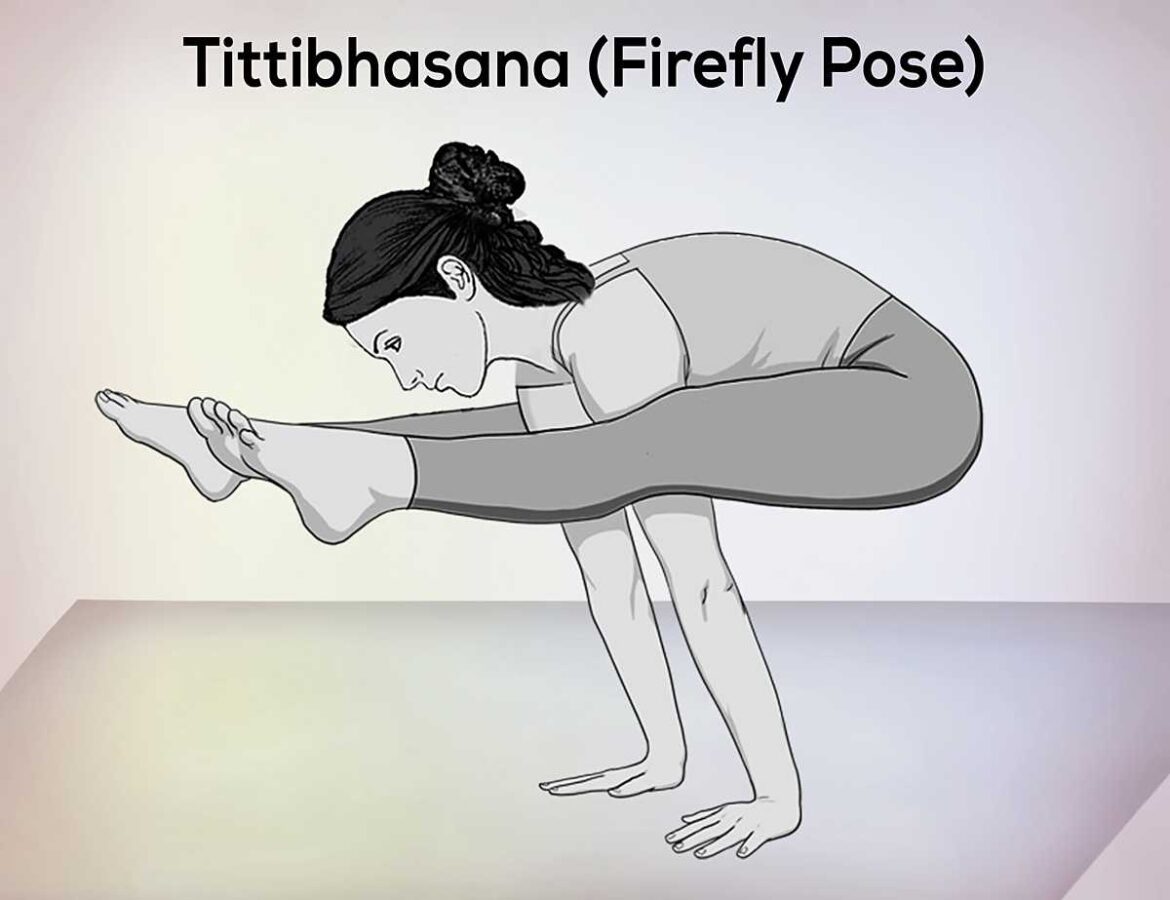 A yoga women performing Tittibhasana, or Firefly Pose, with legs extended forward and body lifted off the ground using arm strength