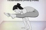 A yoga women performing Tittibhasana, or Firefly Pose, with legs extended forward and body lifted off the ground using arm strength