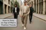 Three stylish men confidently walking down a modern city street in fashionable outfits, representing current men’s fashion trends.