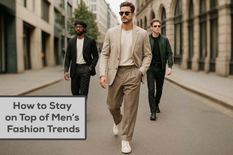 Three stylish men confidently walking down a modern city street in fashionable outfits, representing current men’s fashion trends.