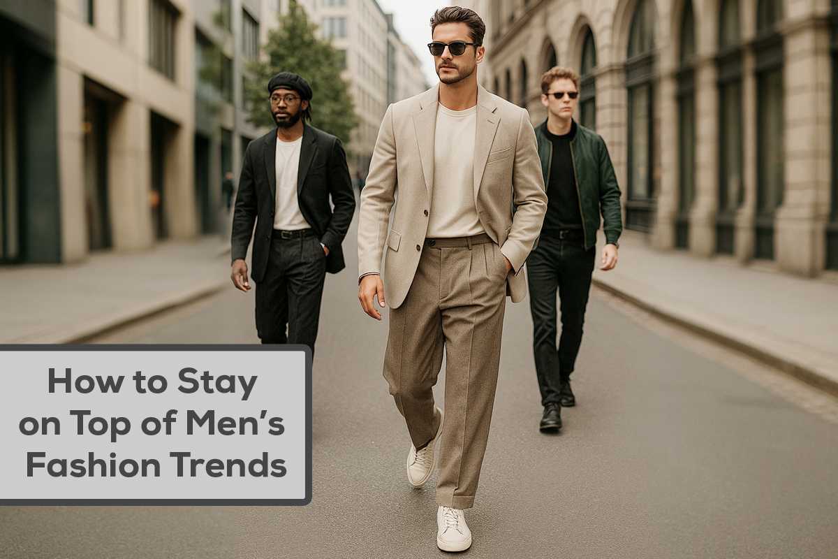 Three stylish men confidently walking down a modern city street in fashionable outfits, representing current men’s fashion trends.