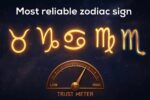 Five glowing zodiac symbols representing the most reliable zodiac signs (Taurus, Capricorn, Cancer, Virgo, and Scorpio) above a high-trust meter on a cosmic background.