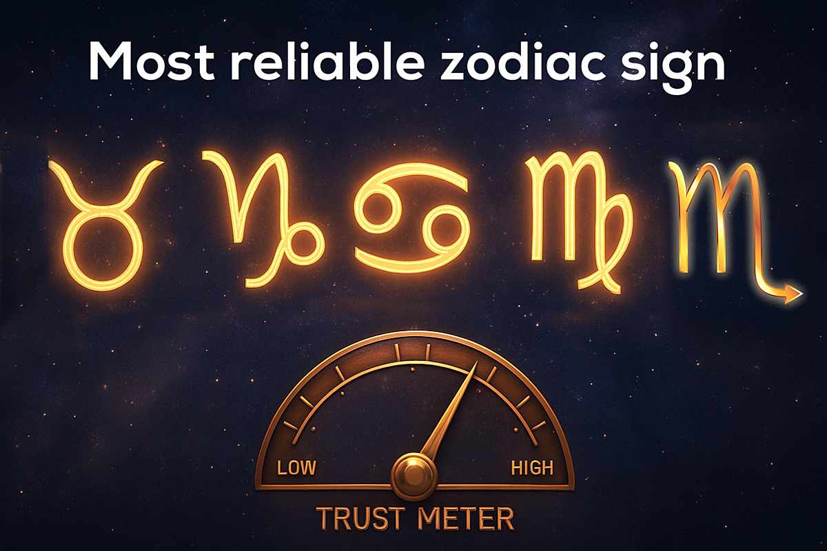 Five glowing zodiac symbols representing the most reliable zodiac signs (Taurus, Capricorn, Cancer, Virgo, and Scorpio) above a high-trust meter on a cosmic background.