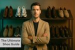 A confident man in a beige blazer standing in front of a seasonal men's shoe rack with styles for all seasons, symbolizing the 2025 footwear trends.