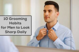 Confident young man adjusting his collar in front of a mirror with clean-shaven face, neat hairstyle, and natural morning light.