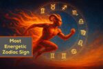 Radiant Aries leaping with fire trails, surrounded by zodiac symbols under a cosmic sky — representing the most energetic zodiac sign of 2025.