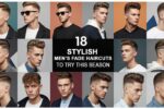 18 stylish men’s fade haircuts collage featuring skin fade, taper fade, mid fade, high fade, curly top fade, textured crop, and pompadour styles.