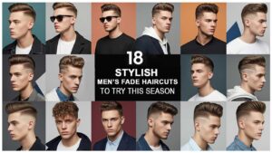 18 stylish men’s fade haircuts collage featuring skin fade, taper fade, mid fade, high fade, curly top fade, textured crop, and pompadour styles.