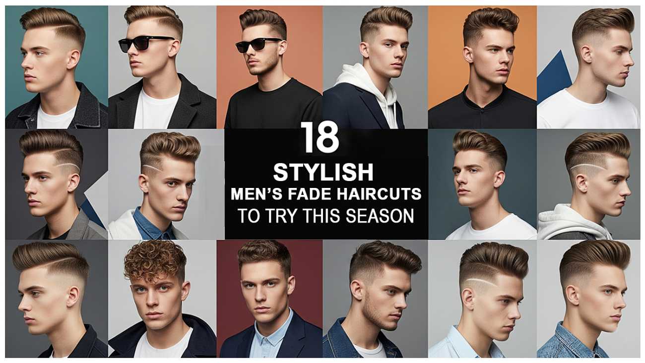18 stylish men’s fade haircuts collage featuring skin fade, taper fade, mid fade, high fade, curly top fade, textured crop, and pompadour styles.