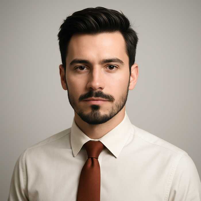 Man with Balbo beard style wearing a shirt and tie, featuring mustache, soul patch, and chin beard in an upside-down T shape with clean-shaven cheeks.