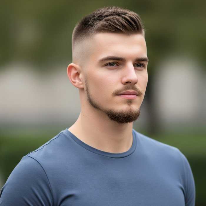 Man with a sharp chin strap beard along the jawline, clean-shaven cheeks, and a modern hairstyle.