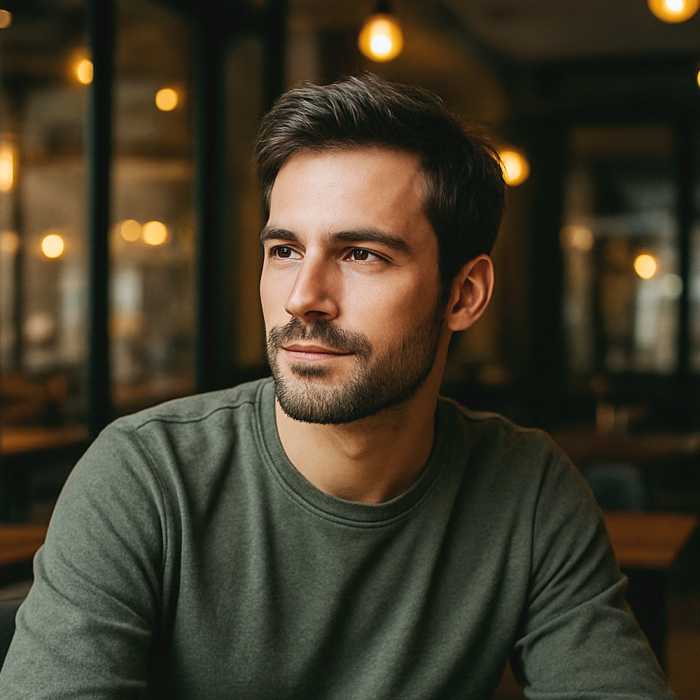 Man with classic stubble beard style sitting in a café, showing rugged yet clean look with neat hair and casual outfit.