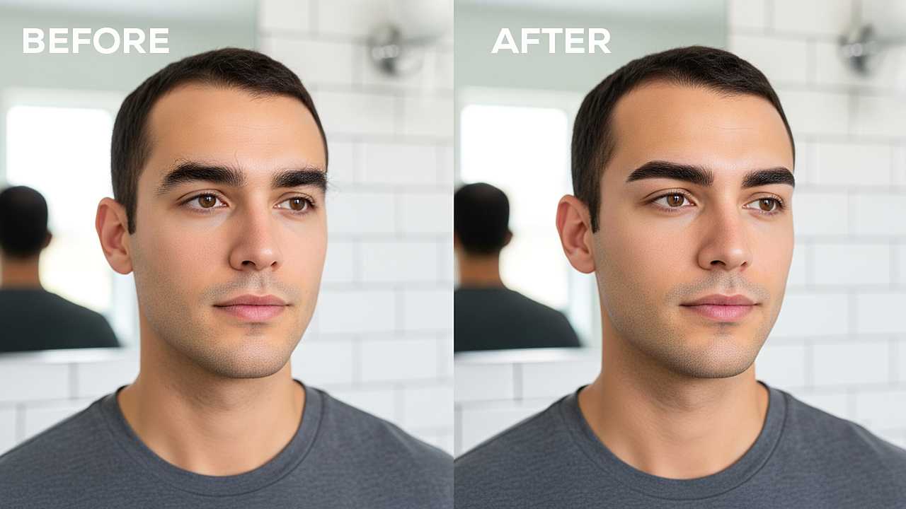 Stylish man before and after eyebrow grooming, bushy vs neat eyebrows split view