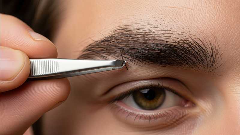 Close-up of a man plucking eyebrows with tweezers, removing stray hairs from the middle and lower edge for a clean, well-groomed look.