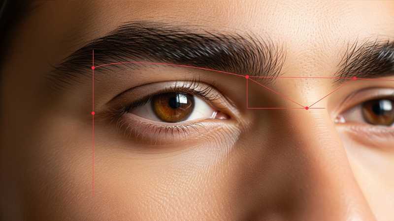 Close-up of a man shaping natural eyebrows using the rule of three with nose, pupil, and eye corner alignment.