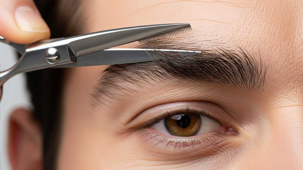 Close-up of a man trimming bushy eyebrows with scissors, eyebrow grooming step