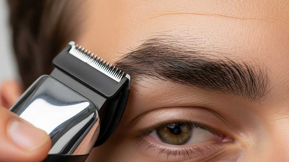 Man trimming eyebrows with electric trimmer and guard attachment