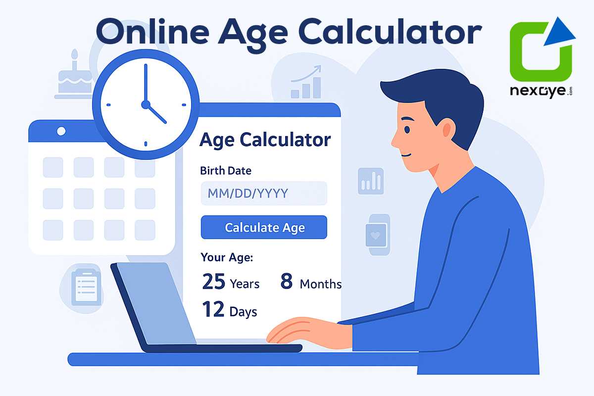 Flat-style illustration of an online age calculator with calendar, clock, and a person entering their birthdate on a laptop, showing exact age in years, months, and days for birthdays, jobs, and retirement planning.