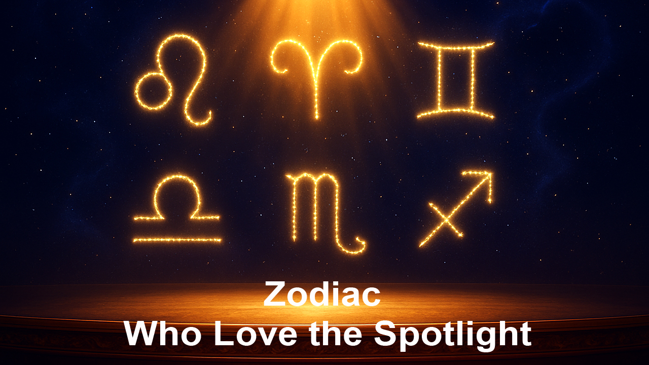 Digital artwork of six zodiac signs — Leo, Aries, Gemini, Libra, Scorpio, and Sagittarius — portrayed as glowing constellations on a grand celestial stage, representing zodiac who love the spotlight.