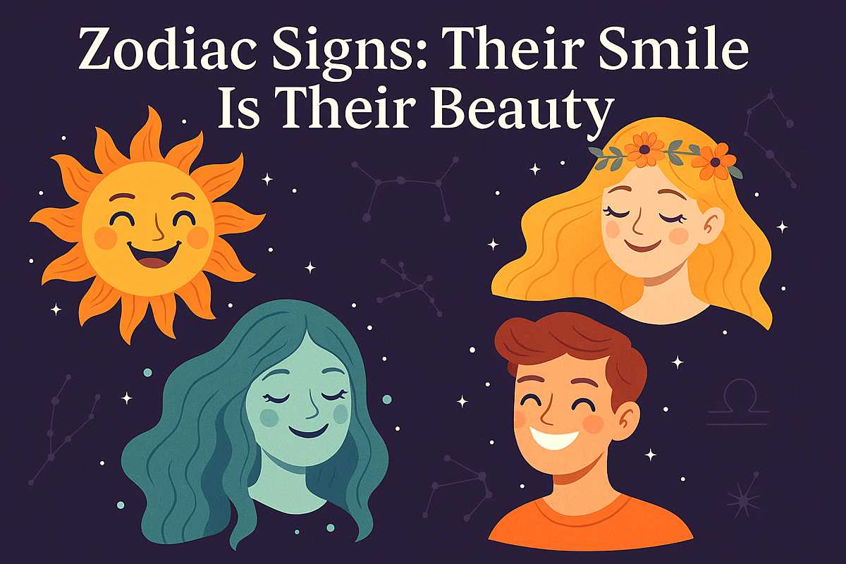 Illustration of zodiac signs with beautiful smiles on a starry background representing astrological charm and beauty